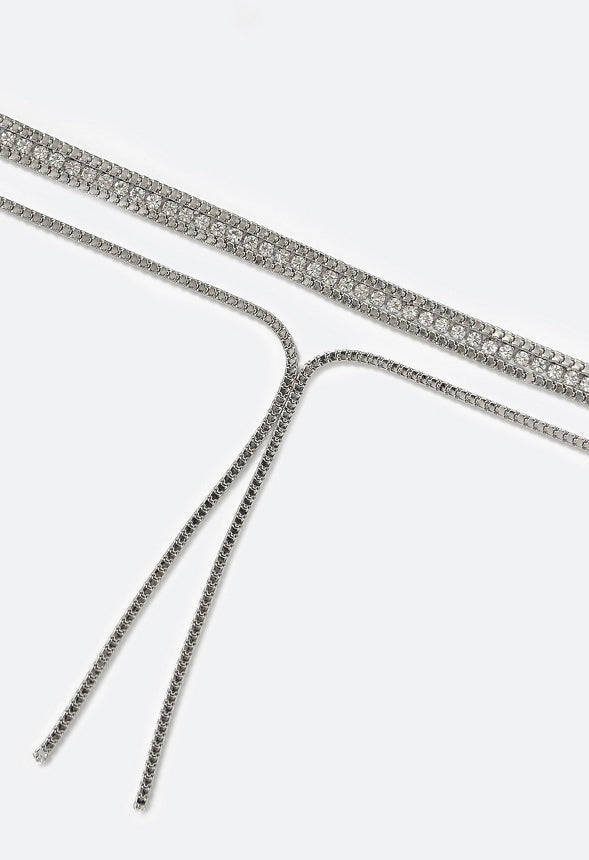 Ella 2 Row Box Chain & Glass Stone Necklace With Y-Drop Crystal/ Silver