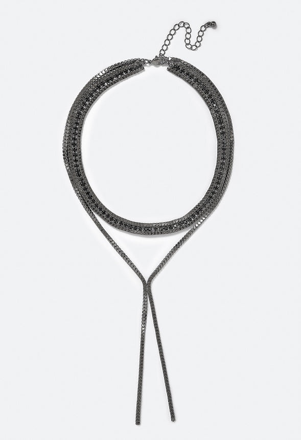 Ella 2 Row Box Chain & Glass Stone Necklace With Y Drop Jet/ Gunmetal