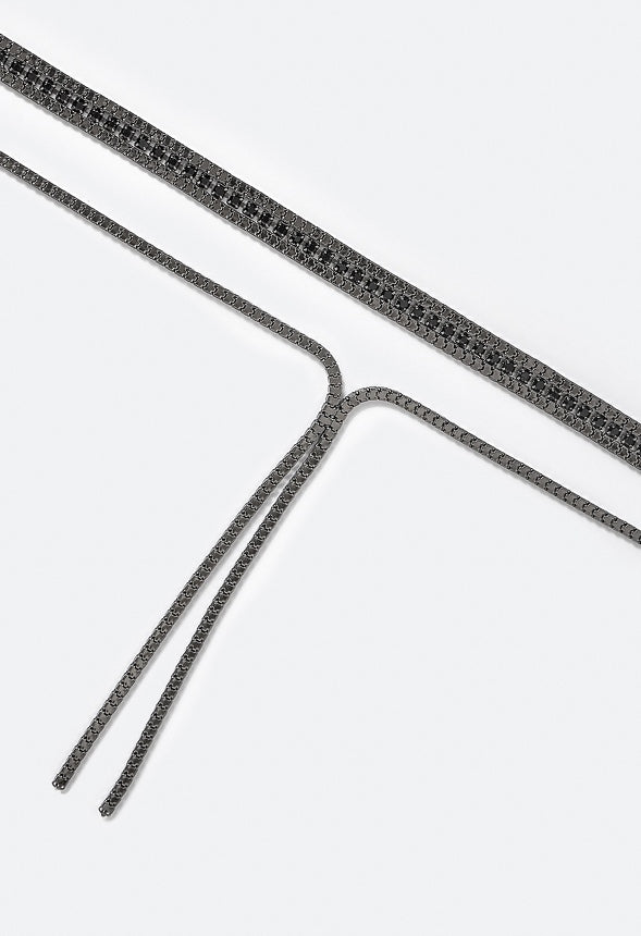 Ella 2 Row Box Chain & Glass Stone Necklace With Y Drop Jet/ Gunmetal