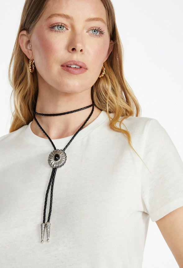 Lexi Faux Leather Bolo Tie Necklace With Floral Western Motif Black