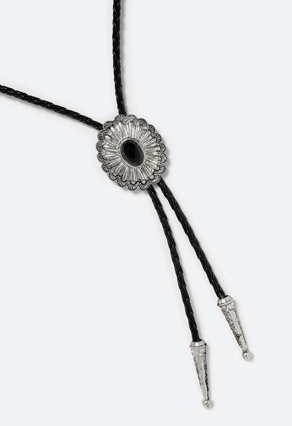Lexi Faux Leather Bolo Tie Necklace With Floral Western Motif Black