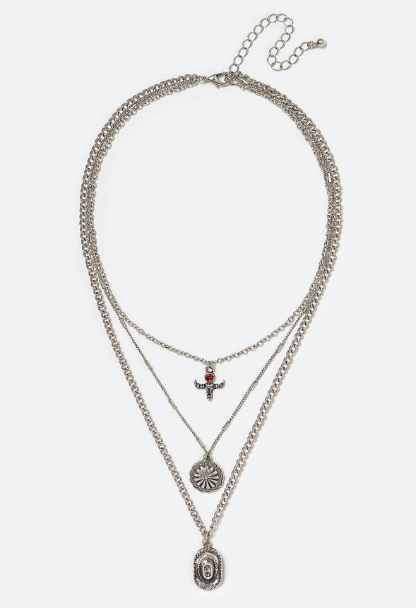 Raye 3 Rows Mix Chains Necklace With Rodeo And Semi Precious Motifs Drops Red/ Silver