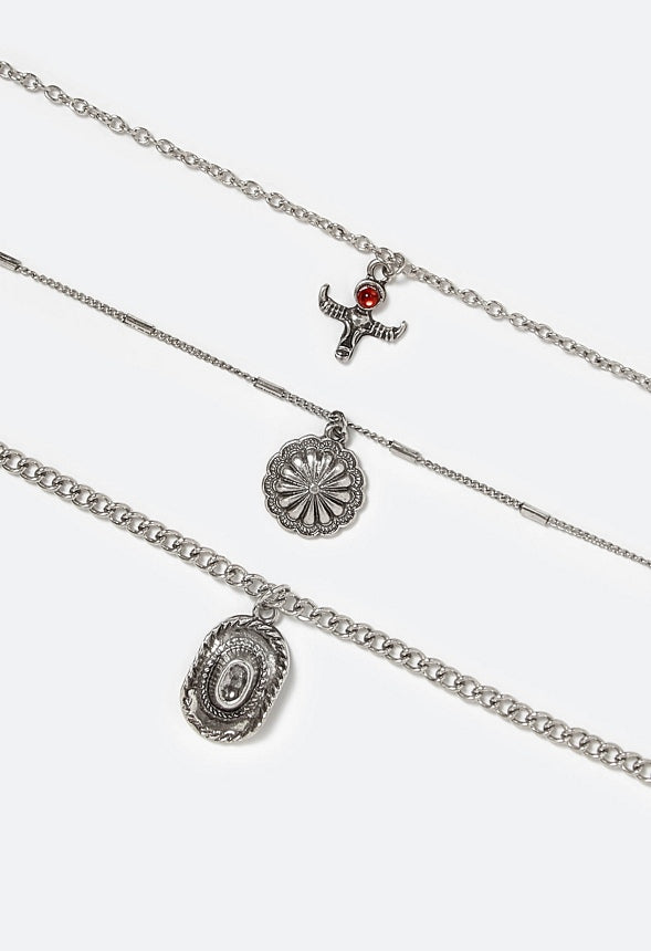 Raye 3 Rows Mix Chains Necklace With Rodeo And Semi Precious Motifs Drops Red/ Silver