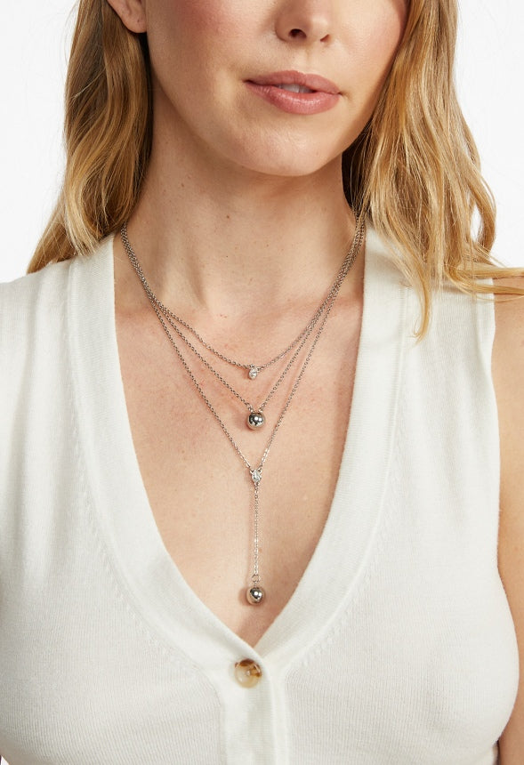 Lana 3 Rows Metal Beads And Glass Stone Drops Necklace Silver