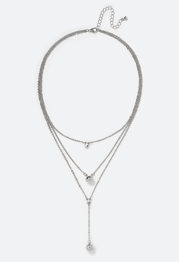 Lana 3 Rows Metal Beads And Glass Stone Drops Necklace Silver
