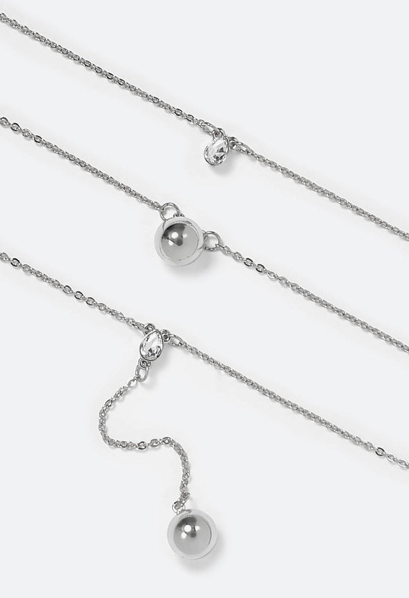 Lana 3 Rows Metal Beads And Glass Stone Drops Necklace Silver