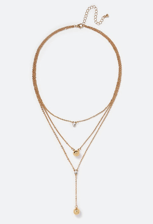 Lana 3 Rows Metal Beads And Glass Stone Drops Necklace Gold
