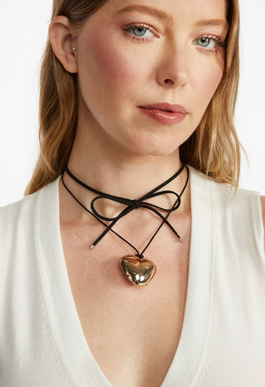Amie Puff Heart On Faux Suede Wrap Around Choker Gold/ Black
