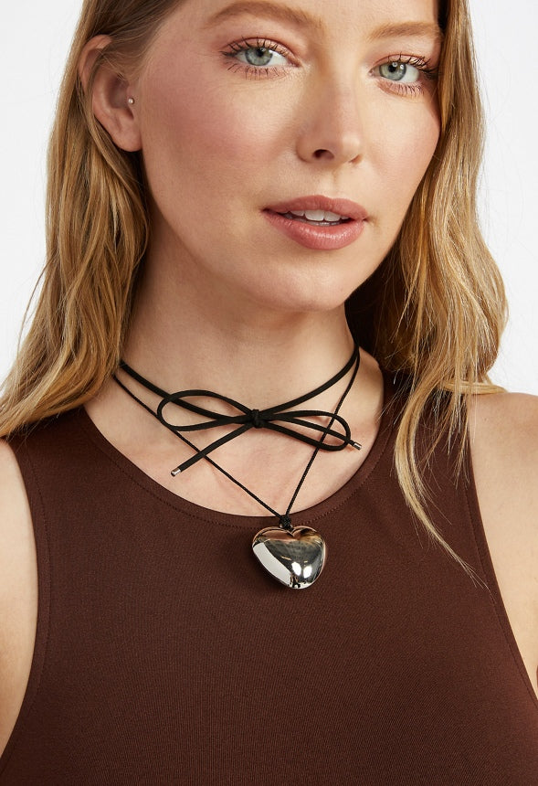 Amie Puff Heart On Faux Suede Wrap Around Choker Silver/ Black