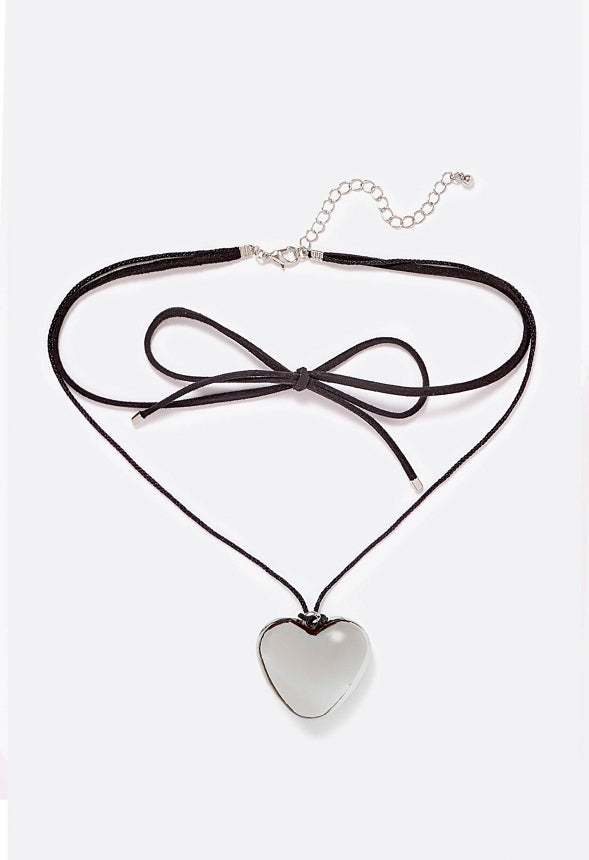 Amie Puff Heart On Faux Suede Wrap Around Choker Silver/ Black