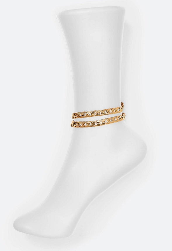 Beah 2 Row Anklet With Etched Curb Chain Gold