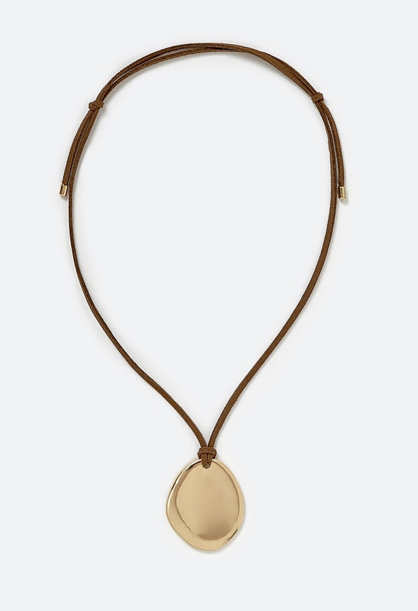 Ally Smooth Organic Pendant On Suede Cord Necklace Brown/ Gold