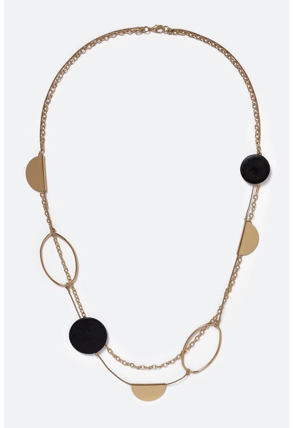 Lyla Metal Rings And Wood Discs Long Necklace Gold