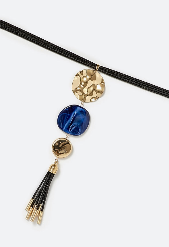 Mae Graduated Mixed Discs And Tassel Necklace Gold/ Black