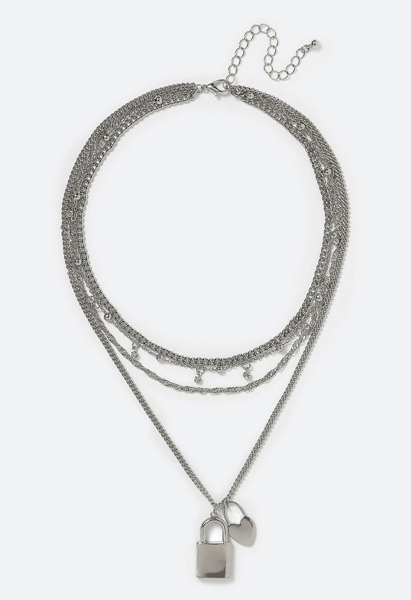 3-Rows Mara Mix Chain Necklace With Rhinestone Locket and Heart Pendant Silver
