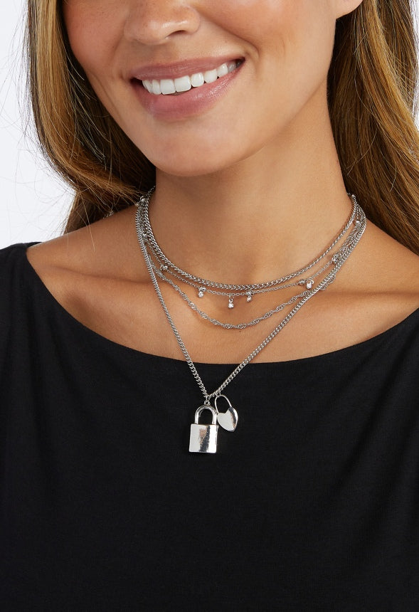 3-Rows Mara Mix Chain Necklace With Rhinestone Locket and Heart Pendant Silver