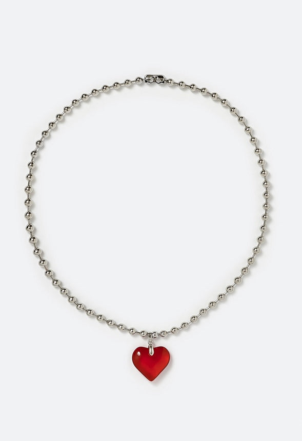 Mai Ball Chain Necklace With Glass Heart Pendant Rhodium