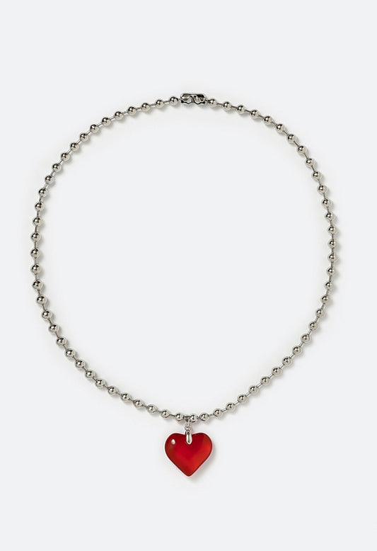 Mai Ball Chain Necklace With Glass Heart Pendant Rhodium