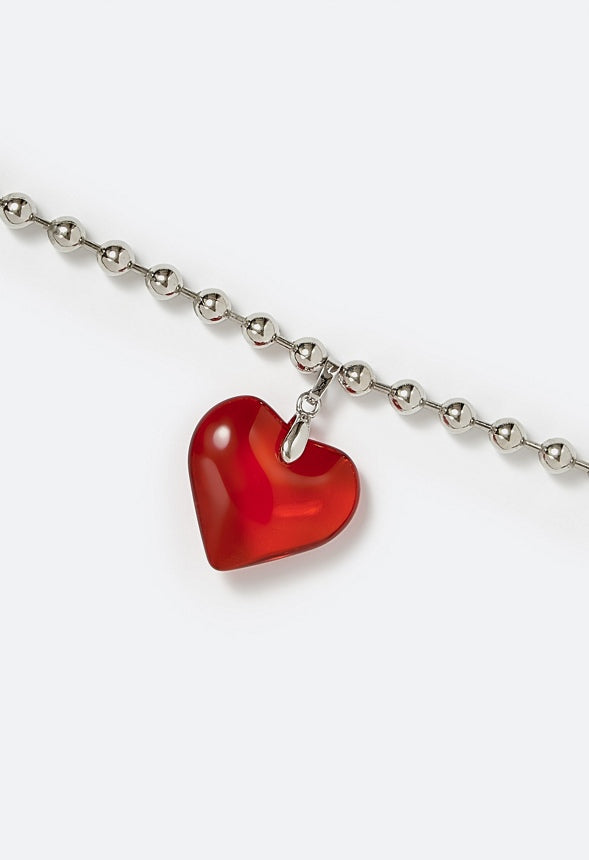 Mai Ball Chain Necklace With Glass Heart Pendant Rhodium