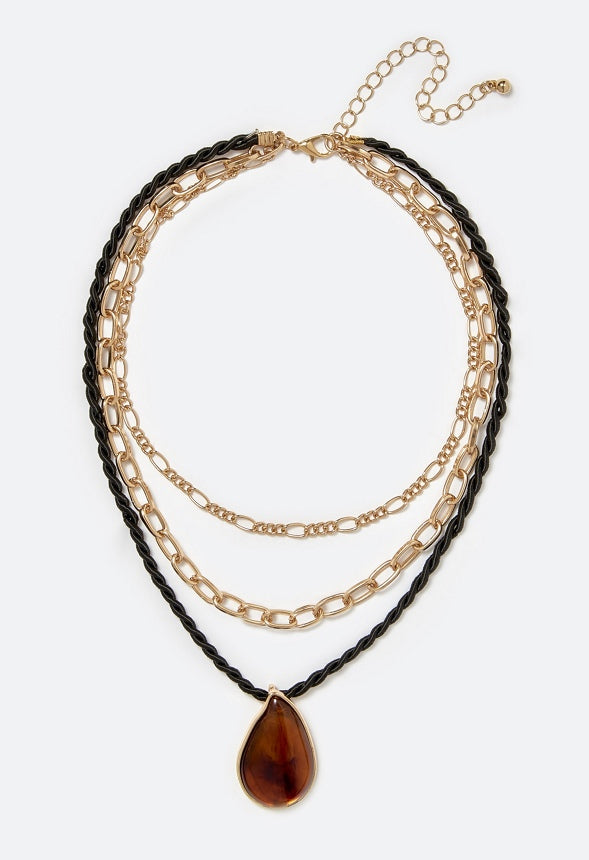 Charli 2 Row Necklace With Resin Teardrop On Cord Brown/ Gold