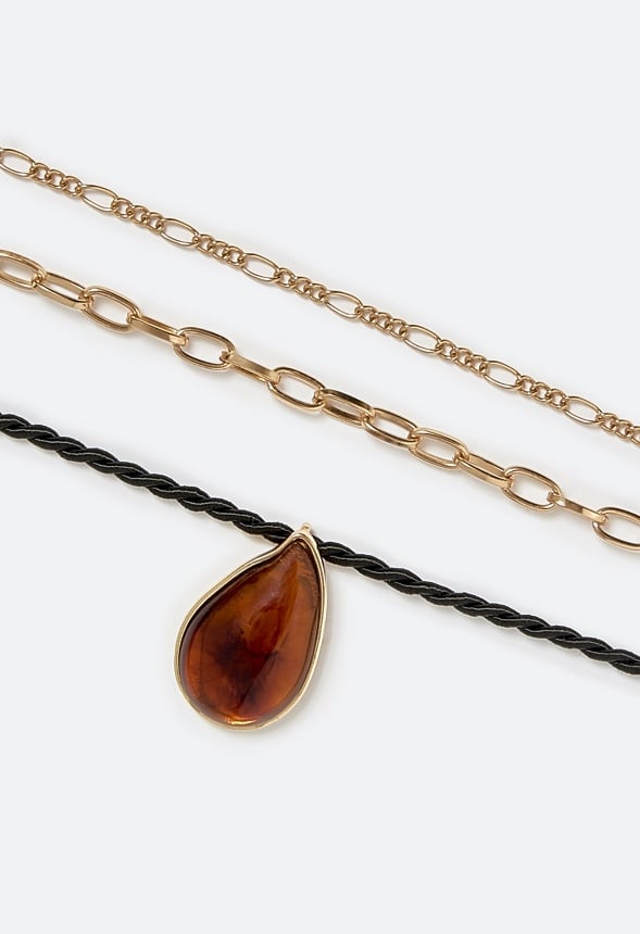 Charli 2 Row Necklace With Resin Teardrop On Cord Brown/ Gold