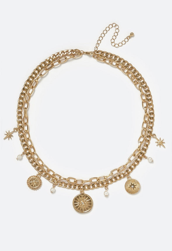 Evie 2 Rows Charm Necklace With Celestial Coins & Glass Pearls Cream/ Gold