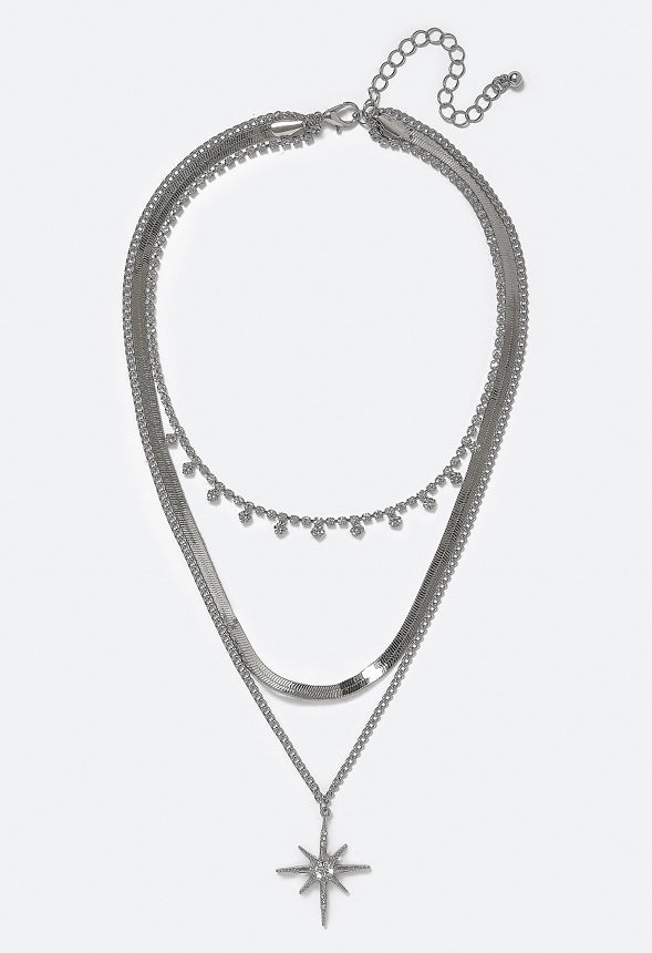 Alba 3 Row Celestial Motif And Glass Cupchain Necklace Crystal/ Silver