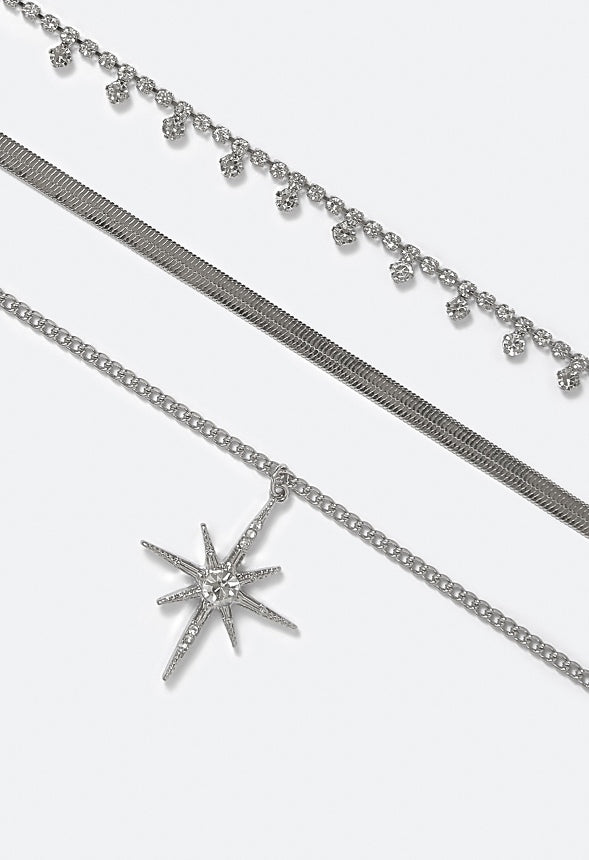 Alba 3 Row Celestial Motif And Glass Cupchain Necklace Crystal/ Silver