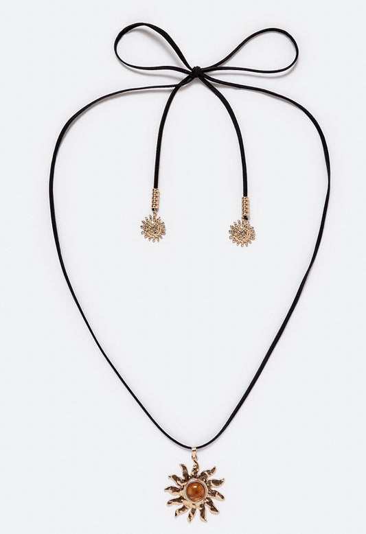 Gracie Suede Cord Necklace With Hammered Metal Sun Drop Brown/ Gold