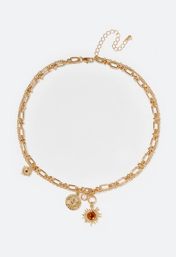 2-Row Sky Chain Necklace With Brown Inlay Sun Drop Brown/ Gold