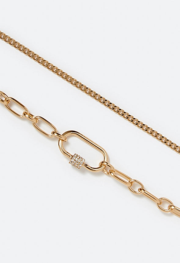 2-Row Sue Chain Necklace With Pave Detail Clasp Gold/ Gold
