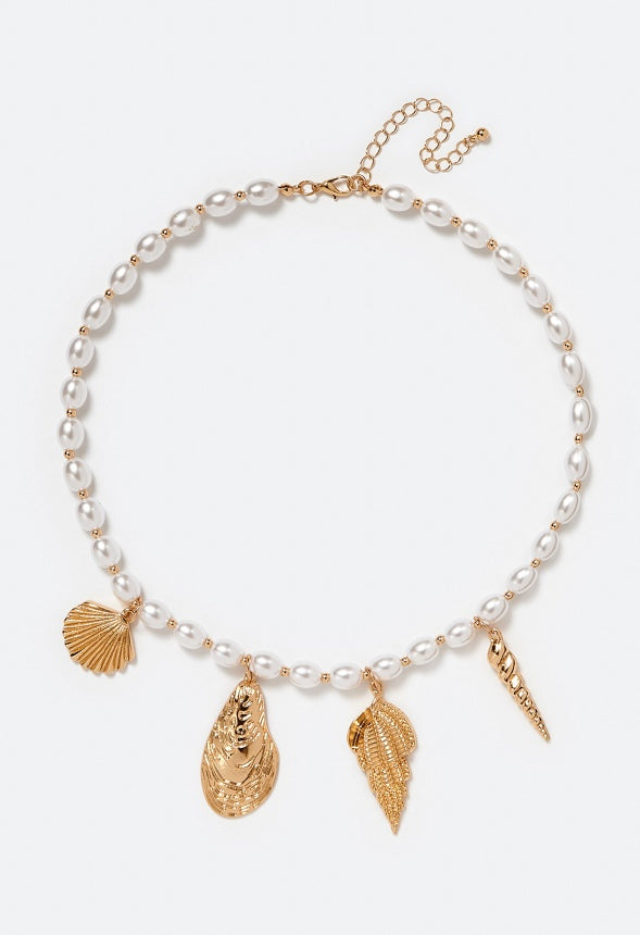 Blake Organic Pearls Necklace With Shells Charms Cream/ Gold