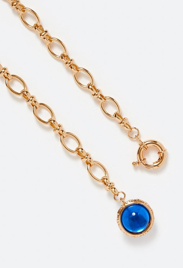 Bree Oval Link Chain Necklace With Glass Bead Drop Blue/ Gold