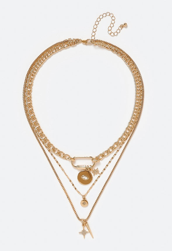 3-Rows Kate Necklace With Mix Charms And Carabiner Clasp Crystal/ Gold