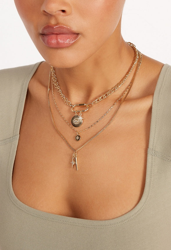 3-Rows Kate Necklace With Mix Charms And Carabiner Clasp Crystal/ Gold