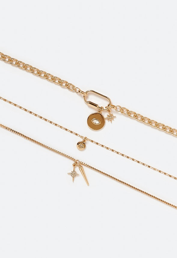 3-Rows Kate Necklace With Mix Charms And Carabiner Clasp Crystal/ Gold