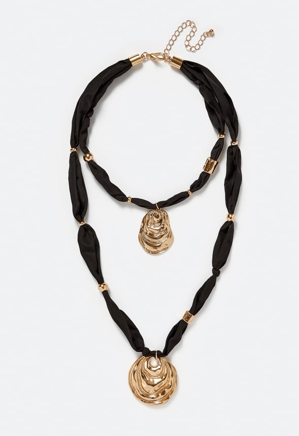 Kai Double Organic Metal Drops On Fabric Necklace Black/ Gold