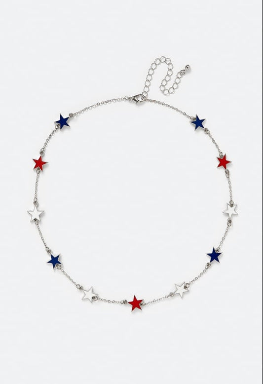 Kallie 4th Of July Allway Stars Necklace Red/ Blue/ Silver