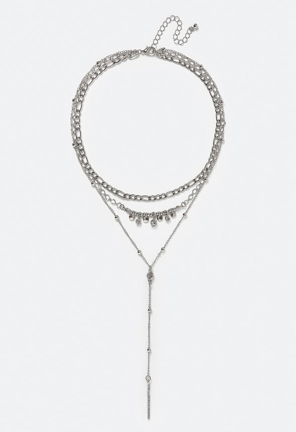 3-Rows Elia Necklace With Glass Stones And Disc Drops Silver