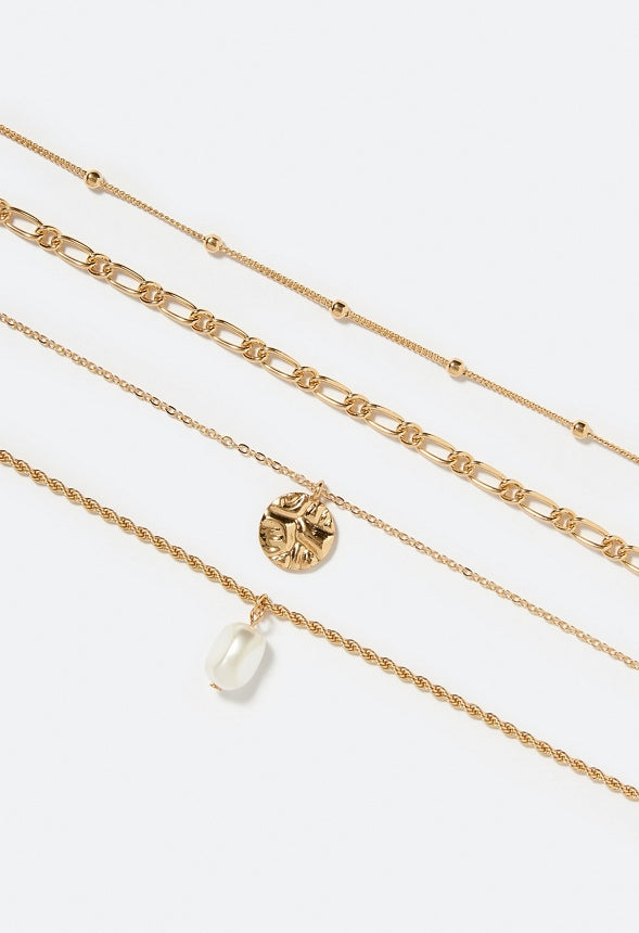 4-Row Leah Layered Necklace With Disc And Pearl Drops Cream/ Gold