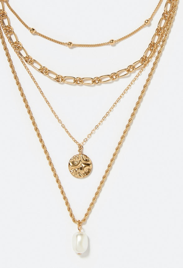 4-Row Leah Layered Necklace With Disc And Pearl Drops Cream/ Gold