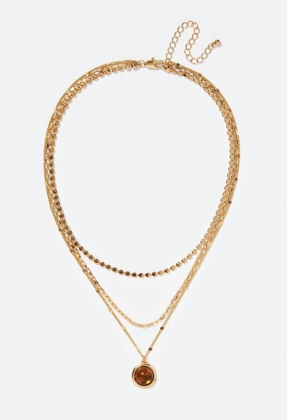 3-Row Mila Layered Necklace With Smooth Stone Set Drop Topaz/ Gold