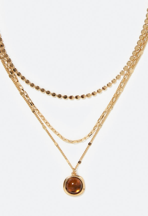 3-Row Mila Layered Necklace With Smooth Stone Set Drop Topaz/ Gold