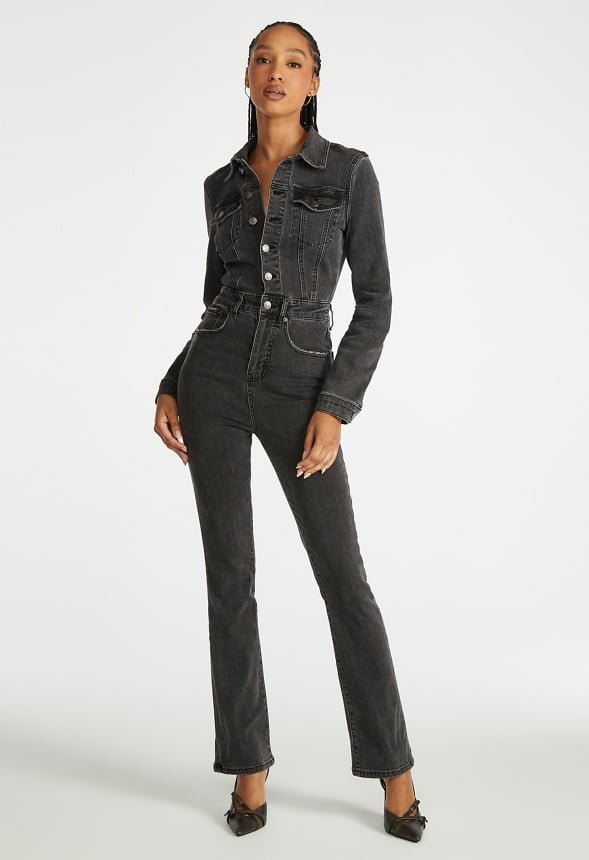 Long Sleeve Denim Jumpsuit Mascara