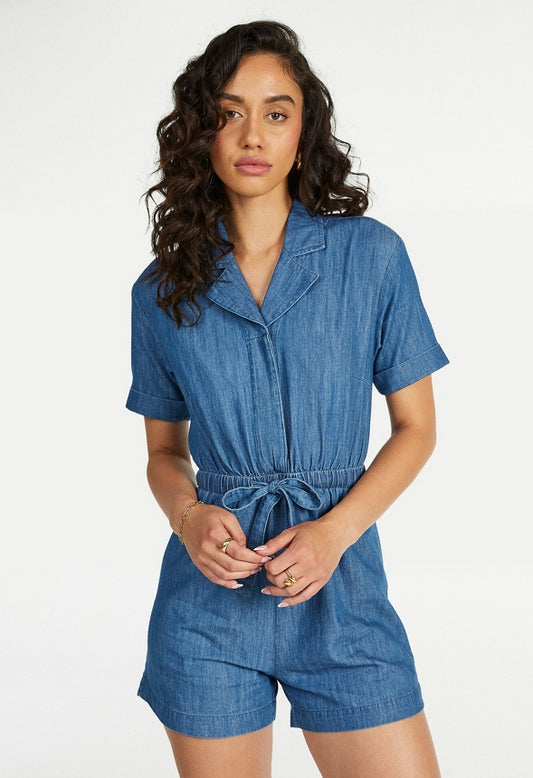Short Sleeve Chambray Romper Medium Blue