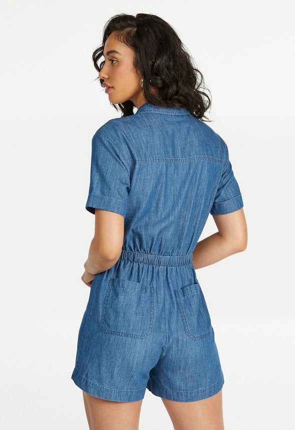Short Sleeve Chambray Romper Medium Blue