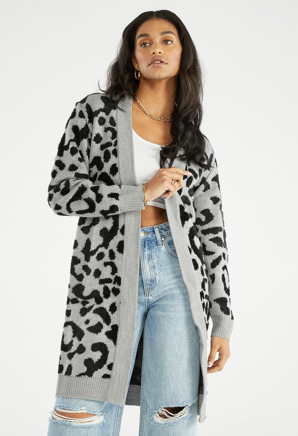 LONGLINE JACQUARD CARDIGAN Grey Leopard