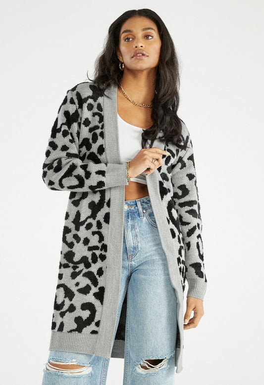 LONGLINE JACQUARD CARDIGAN Grey Leopard