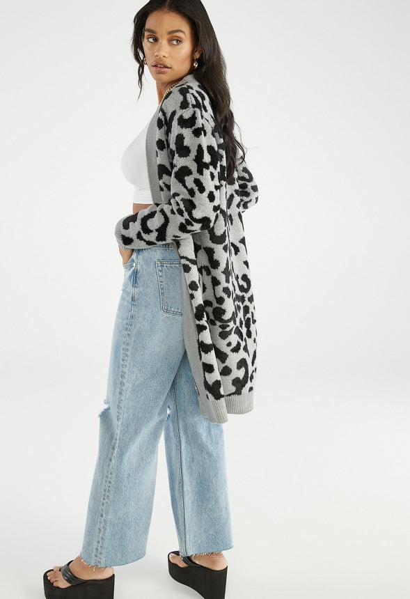 LONGLINE JACQUARD CARDIGAN Grey Leopard