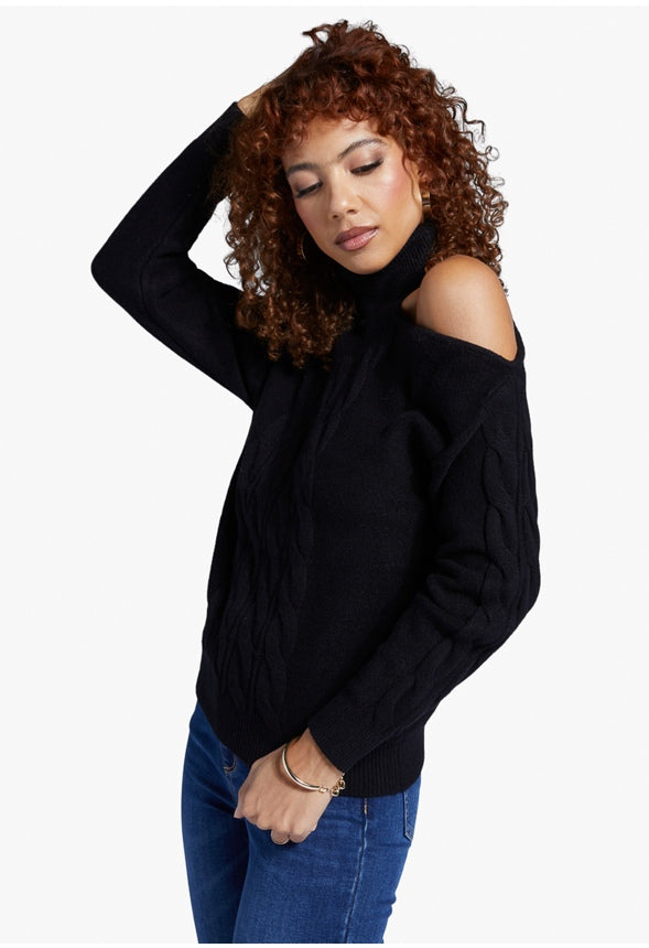 ONE SHOULDER CABLE SWEATER Caviar